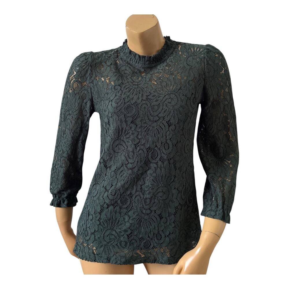 ADIVA Womens Size XS Green 2 Piece Lace High Neck 3/4 Sleeve Shirt W/ Undershirt